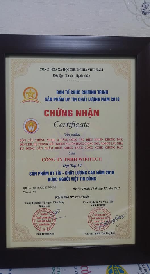 WIFITECH vinh dự nhận giải thưởng “Đạt Top 10 sản phẩm uy tín – chất lượng cao 2018 được người Việt tin dùng”